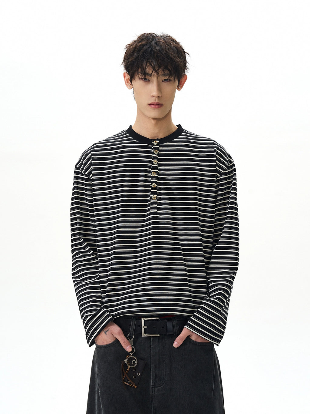 A PUEE Vintage Henry Collar Striped Long Sleeve