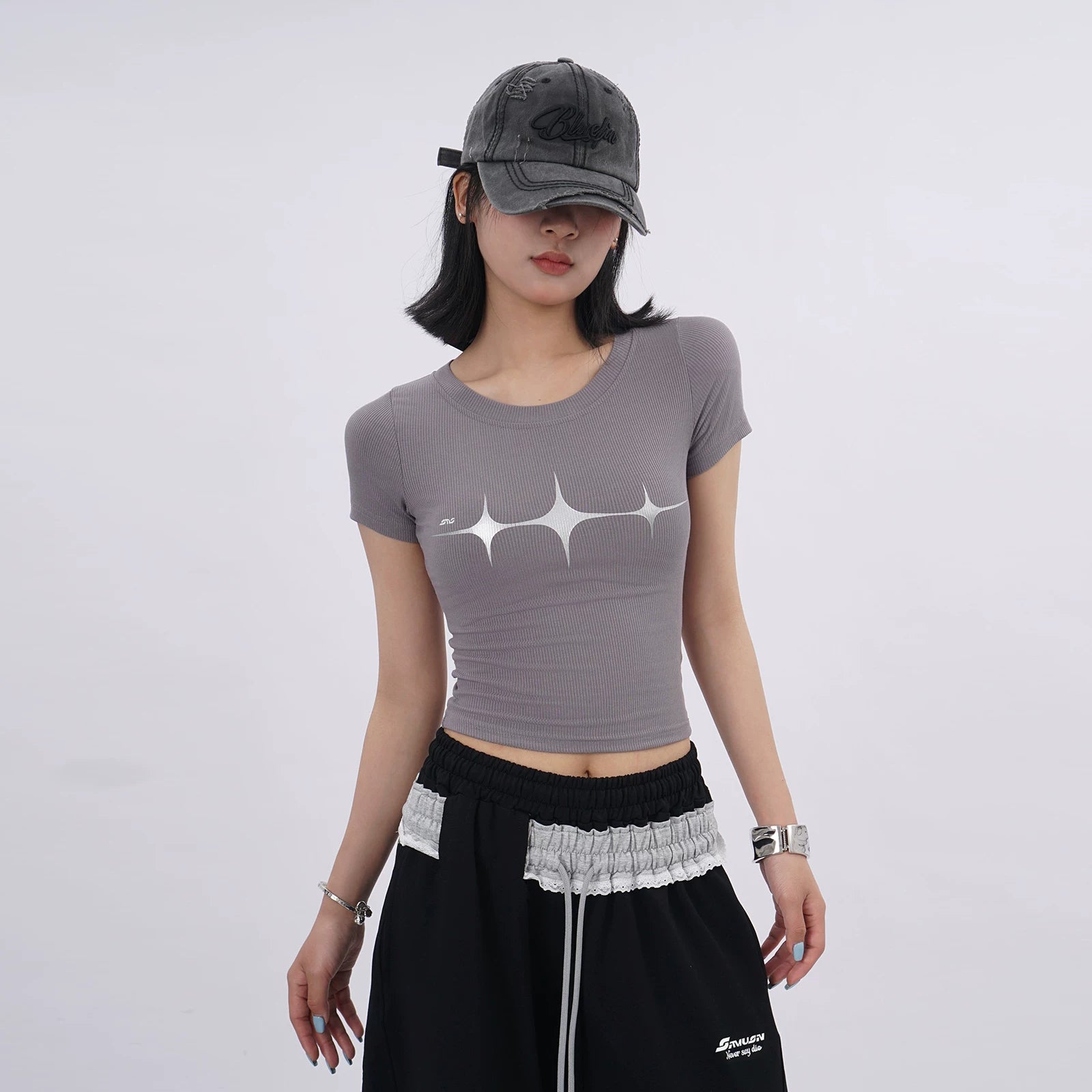 SAMUSAN Double-waisted Lace Contrasting Sports Slacks