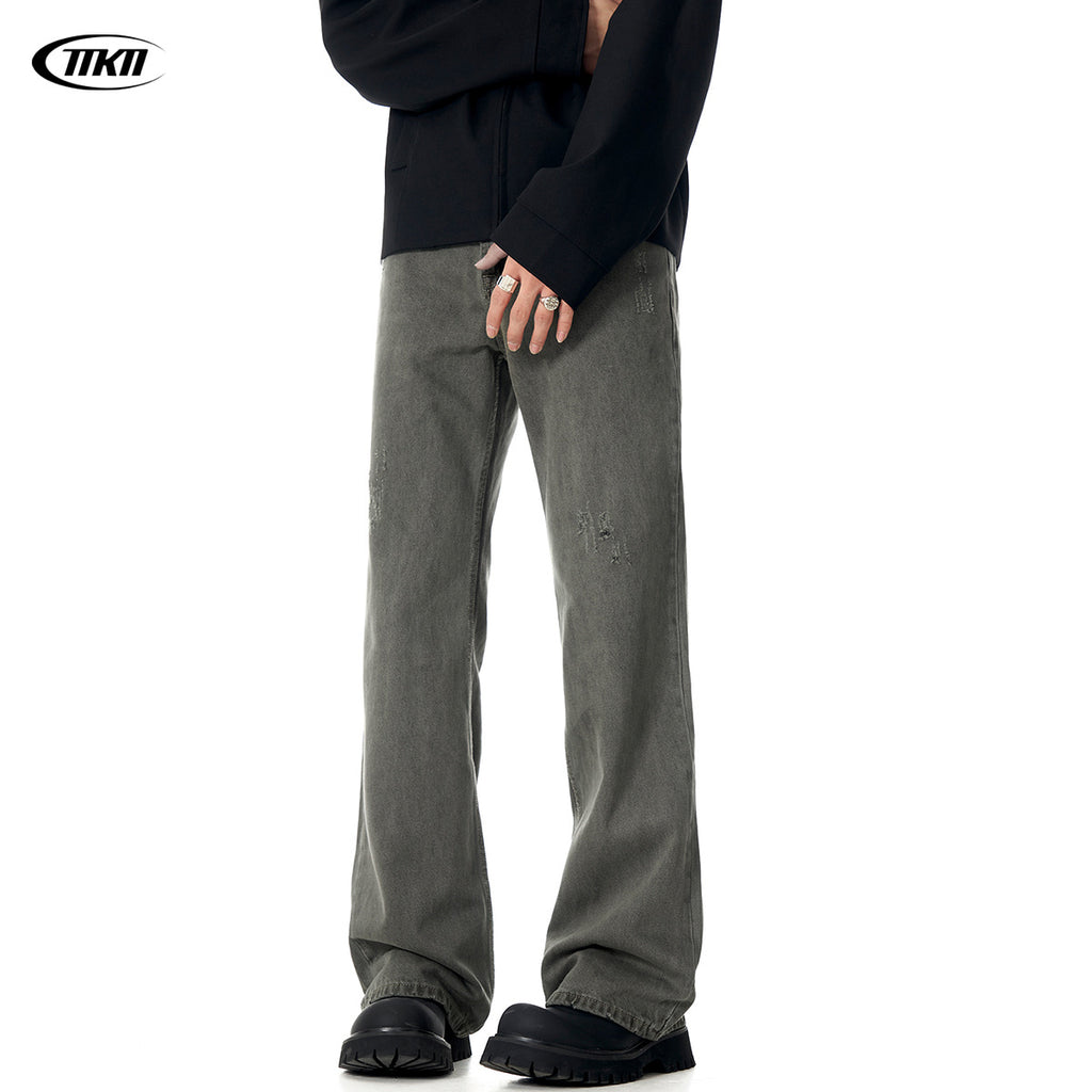 11KN Street Style Distressed Straight Loose Wide-leg Retro Cleanfit Trousers