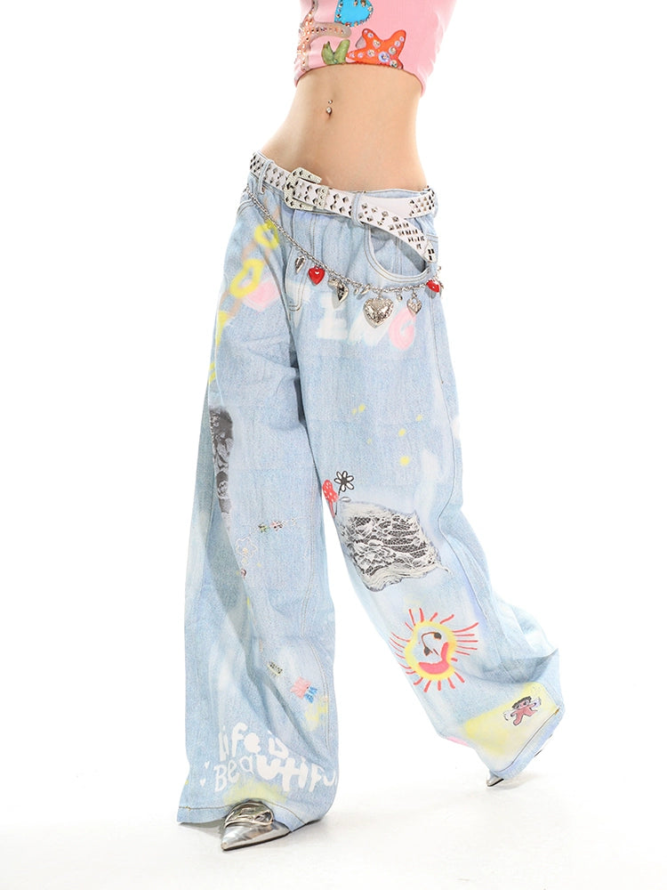 UNCMHISEX Graffiti Wide-leg Jeans