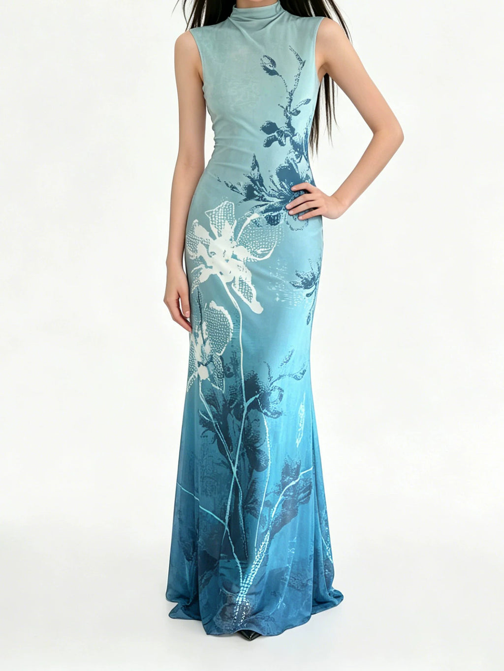 FUNOFF Retro Floral Gradual Change Waist Cheongsam Dress