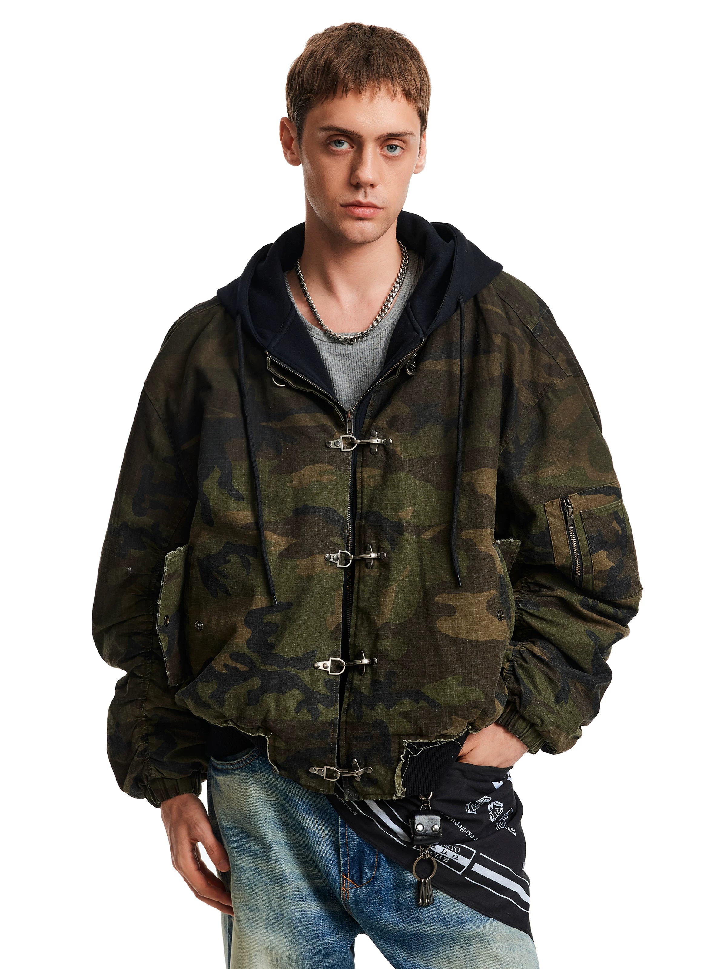 MADWITCH Retro Old Camouflage Aircraft Buckle Hooded Cotton Jacket