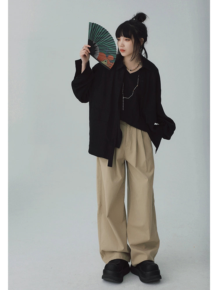 STILLYOU New Chinese-style Light Pocket Drape Long-sleeved Shirt