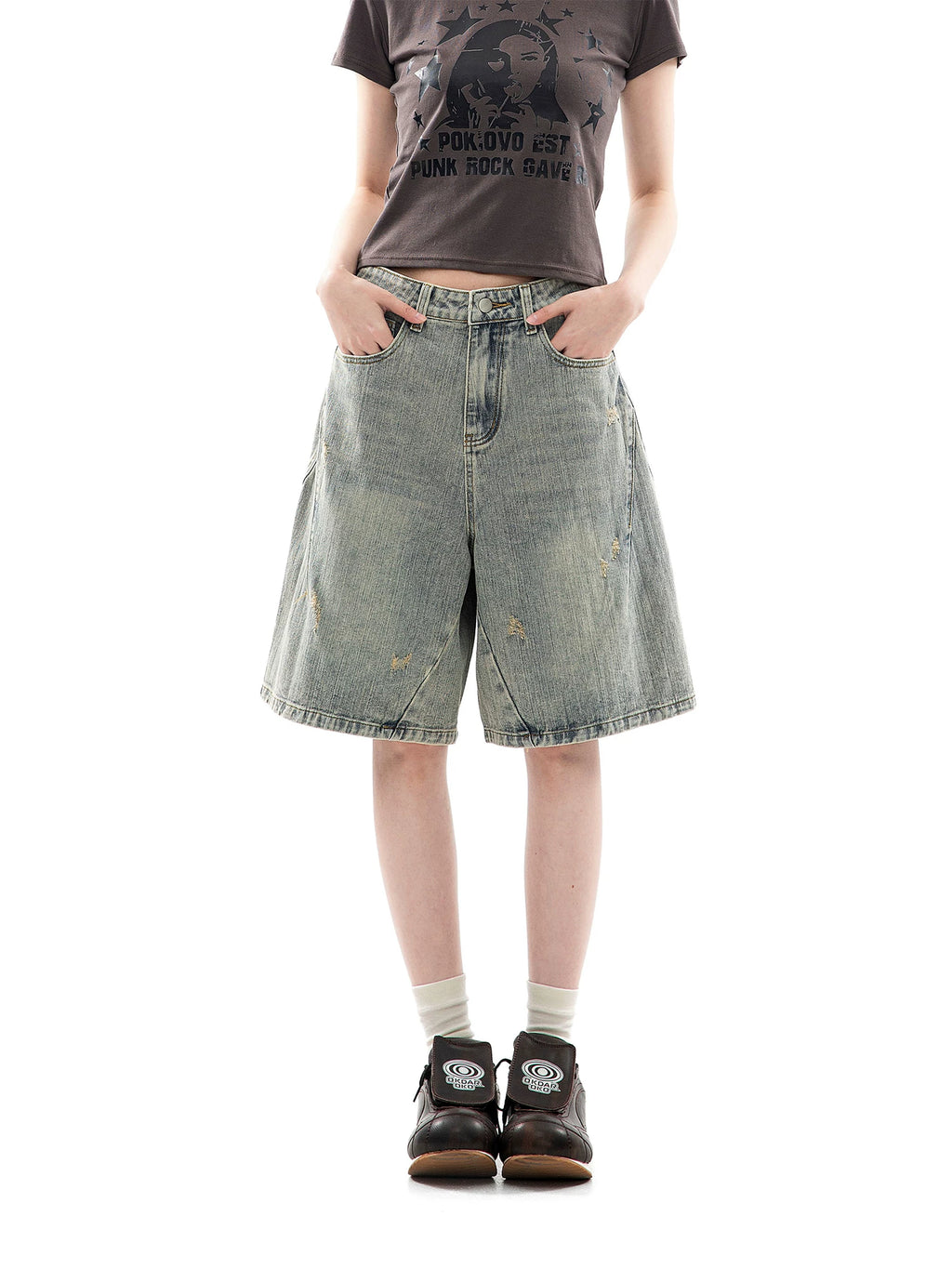 CHANT2nd Vintage Ripped Denim Wide Leg Shorts