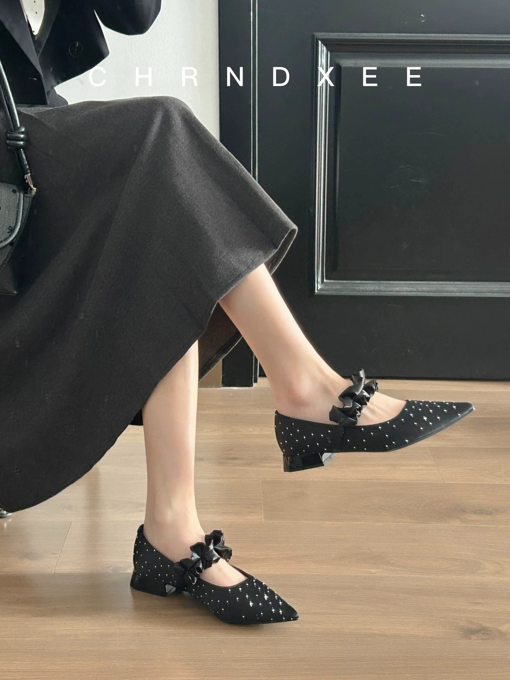 CHRNDXEE Bow One-button Versatile Pointed Shallow Mouth Single Shoes