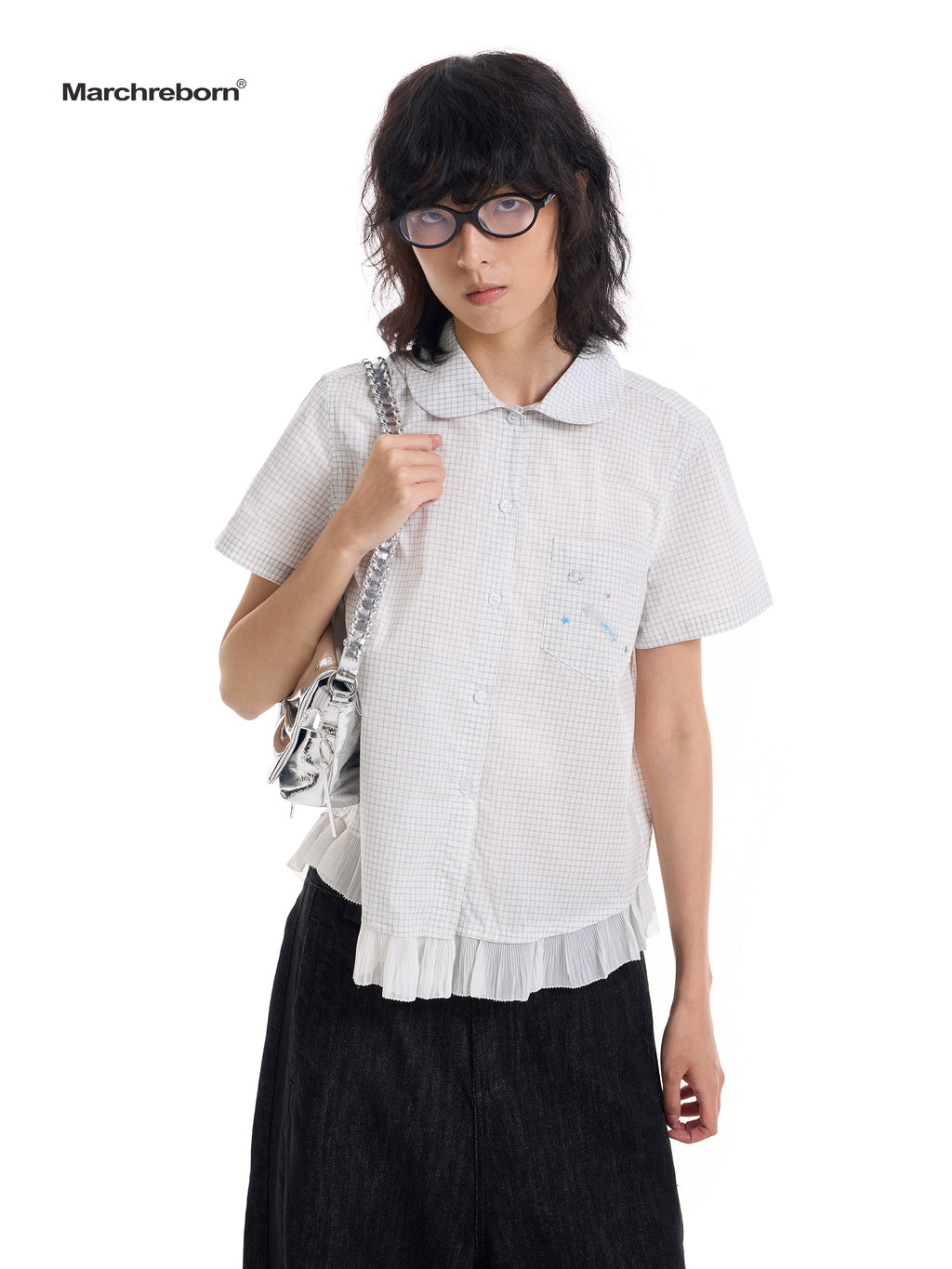 March College Vintage Checked Irregular Lace Short Sleeve Shirt