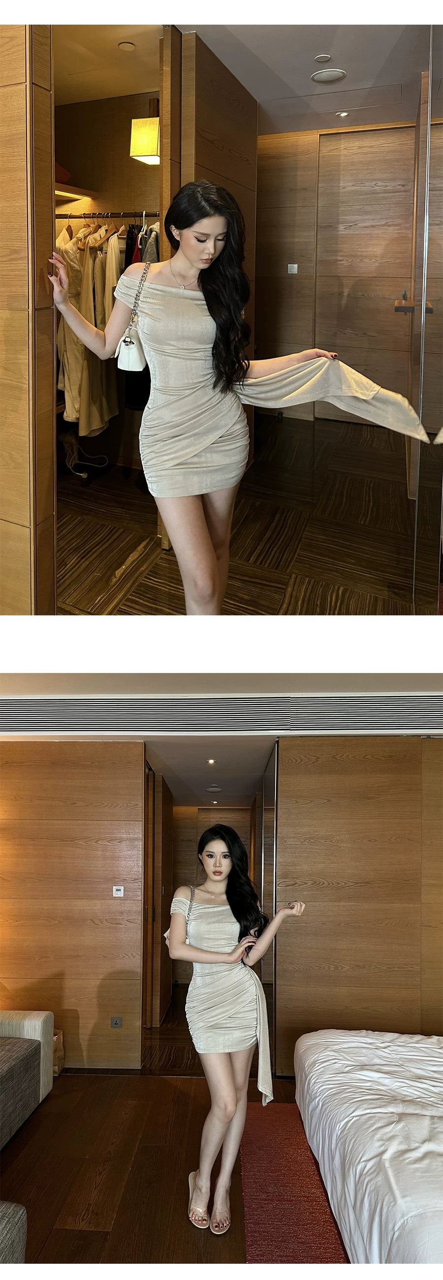 LLROGE One-word Shoulder Pleated Slim-fit Dress