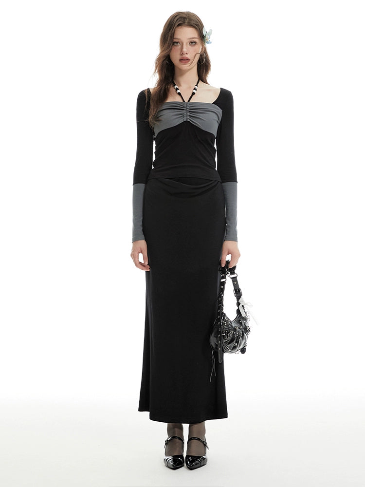Imone Contrasting Splicing Drawstring Neck Long Sleeve