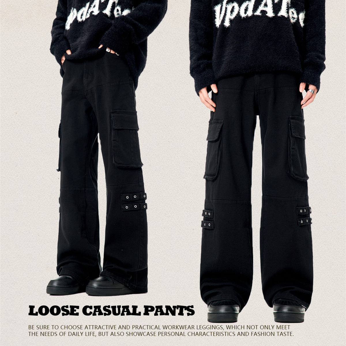 11KN black straight strap loose wide-leg pants