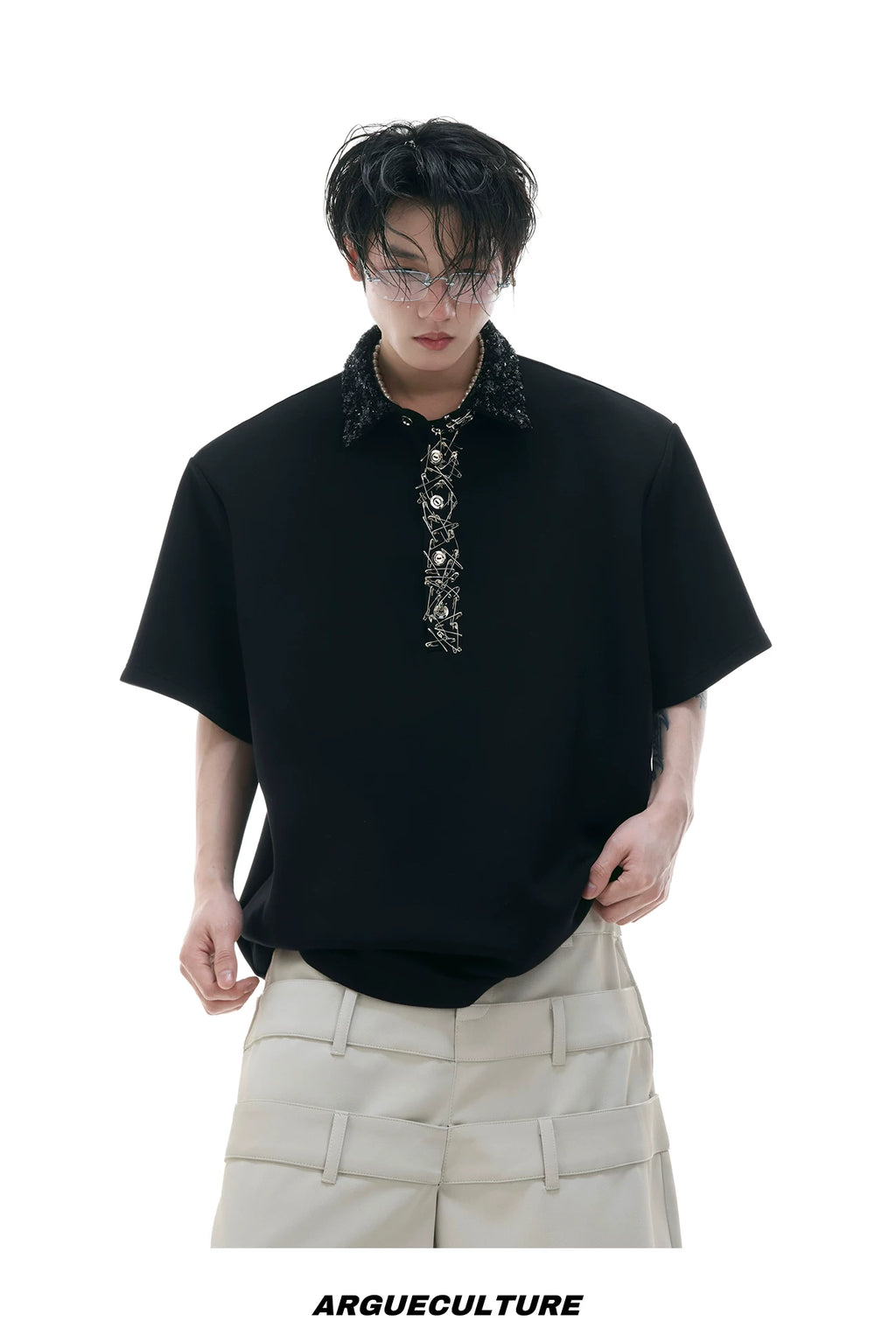 ArguECulturE Niche Sequined Square Neck Loose Polo Shirt Tee