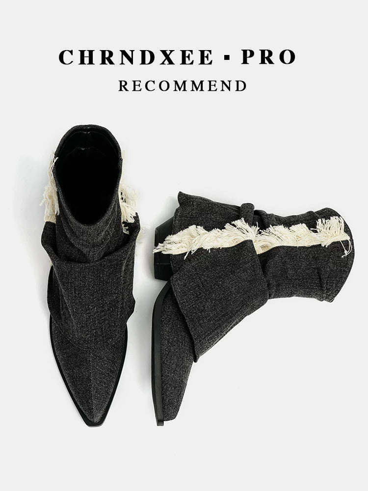 CHRNDXEE Tassel Vintage Western Cowboy Pile High Heel Boots