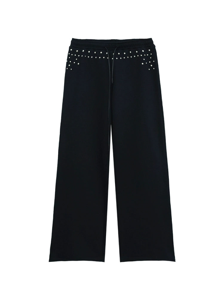 FUZZYKON Low Waist Large Pocket Straight Drawstring Rivet Sweatpants