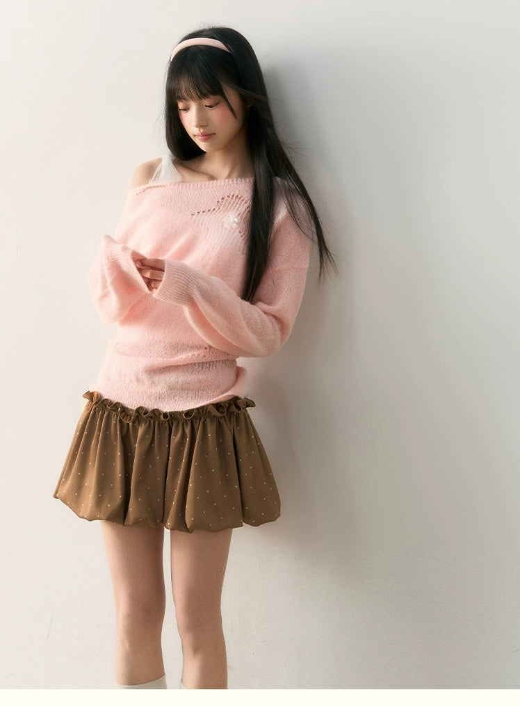Umoumo Sweet Lace-up Knit Blouse
