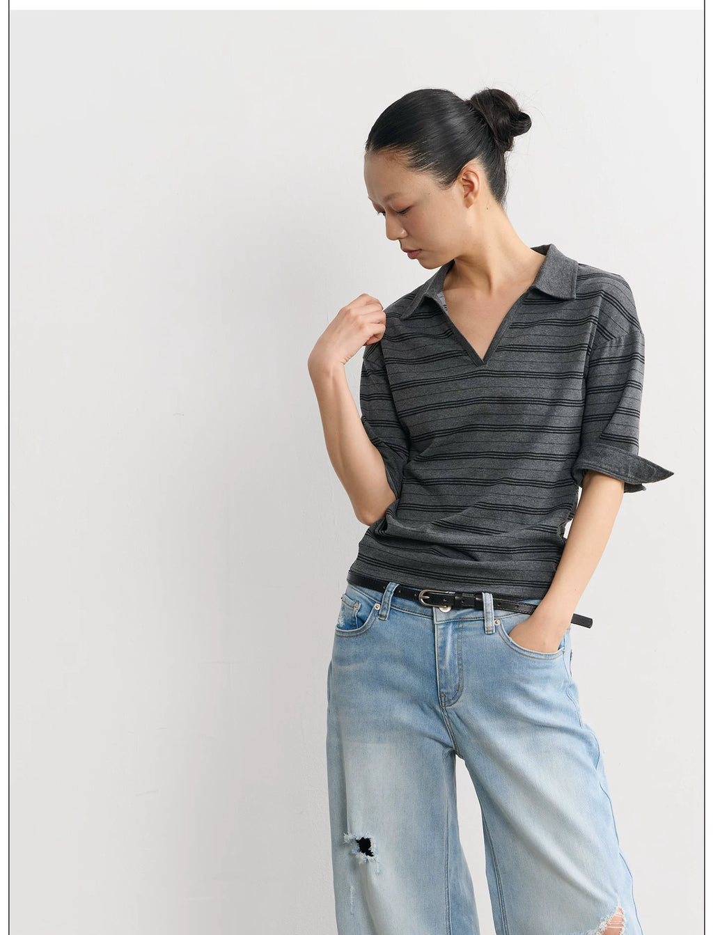 LINY LIBERTY Vintage Slightly Loose Striped V-neck Polo Tee