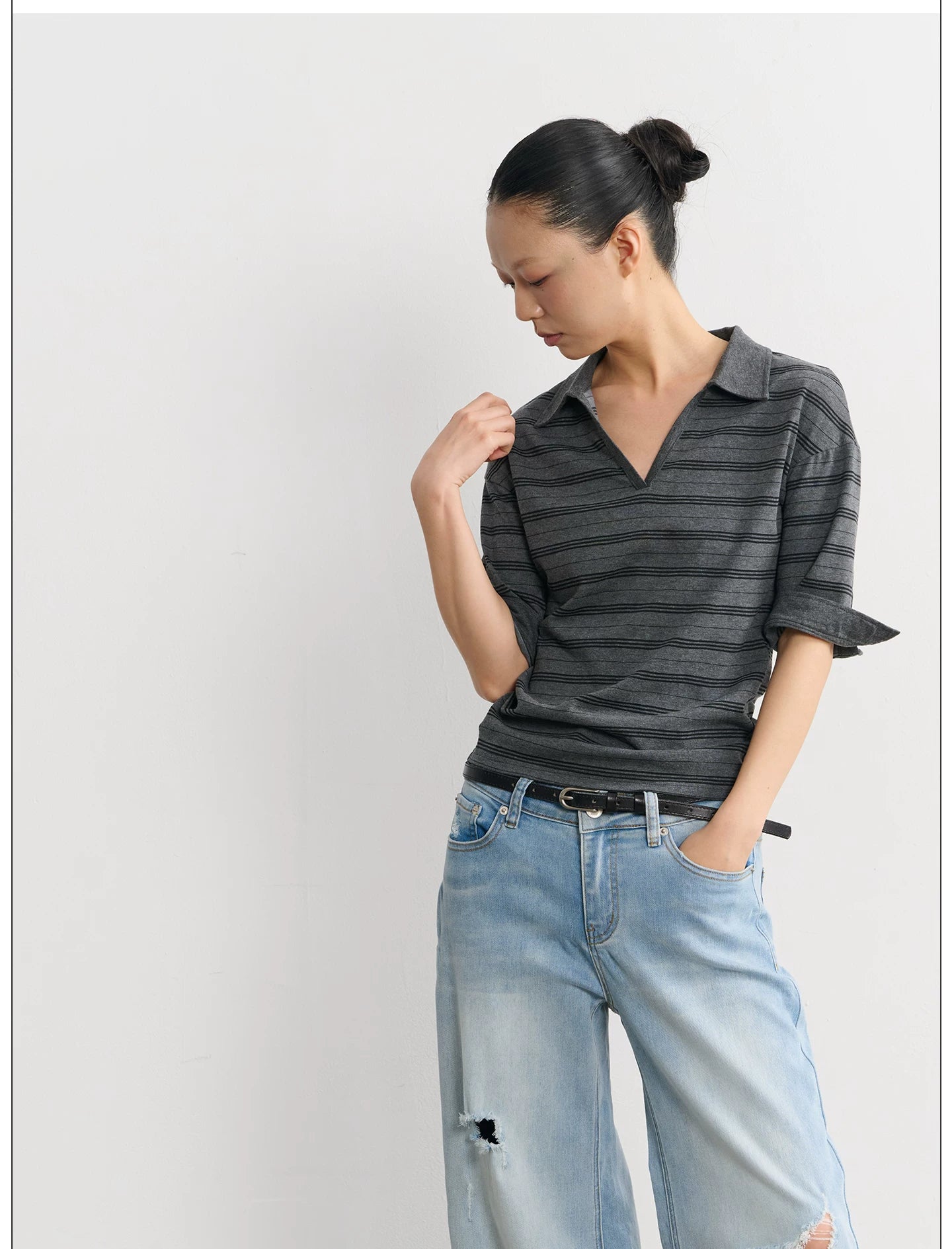 LINY LIBERTY Vintage Slightly Loose Striped V-neck Polo Tee