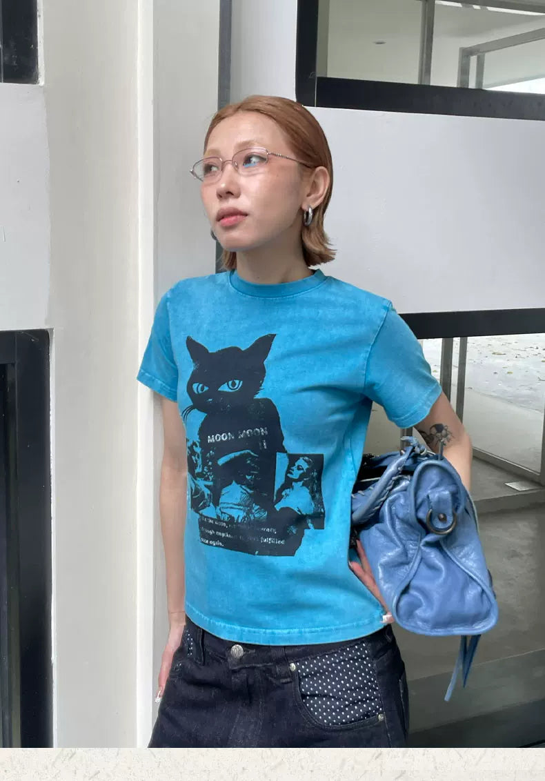MMBBT Black Cat Print Casual Short Tee