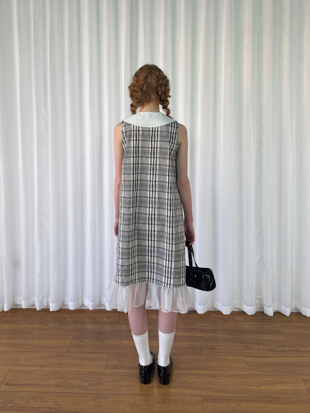 Loosesmell Pleated Neck Plaid Sleeveless Dress