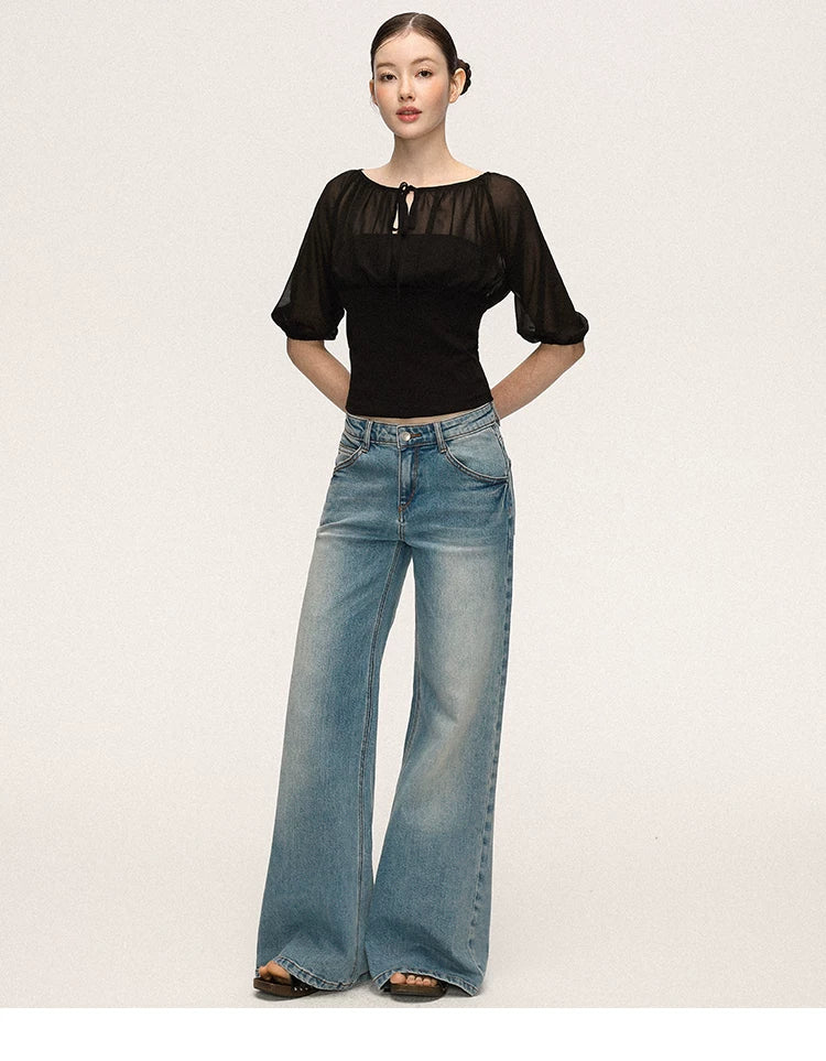 Anna Aneae Mesh Stitching Lace-up Waist and Thin Tee