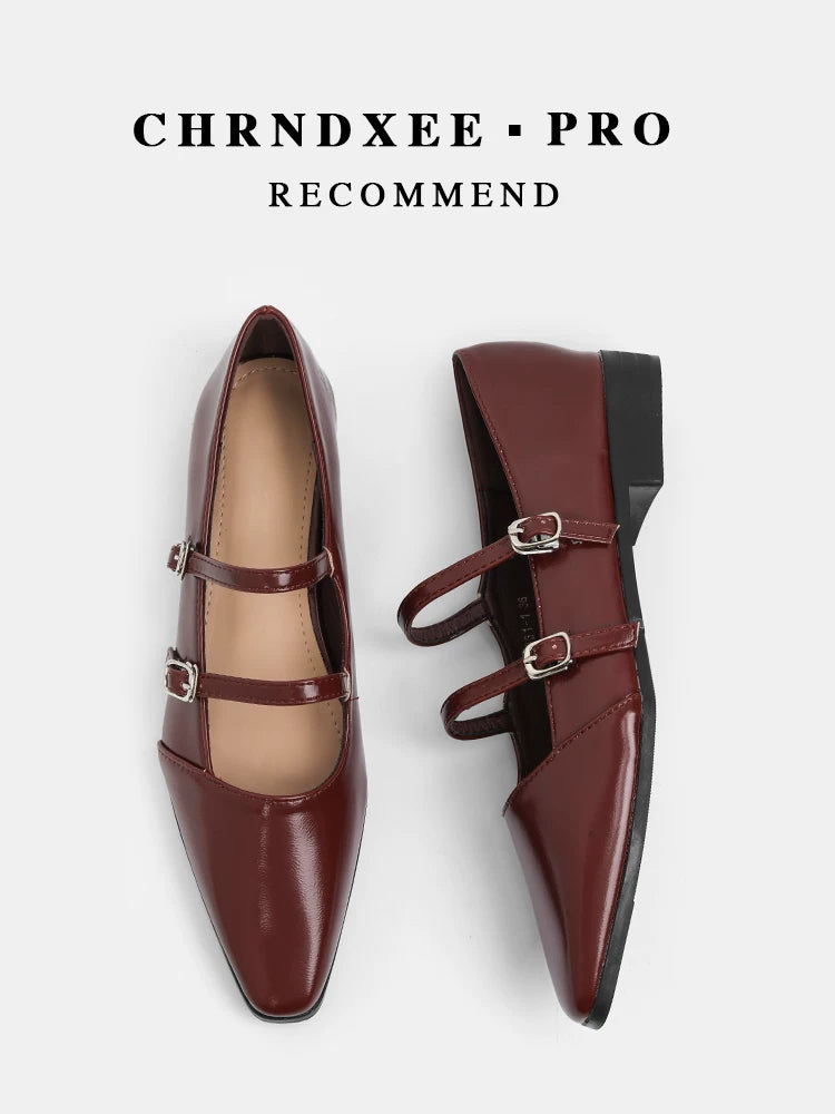 CHRNDXEE Square Head Retro Double Buckle with Light Mouth Single Shoes
