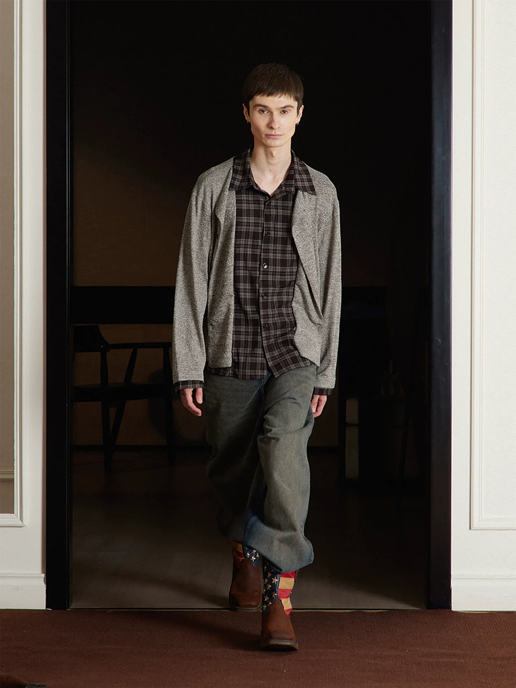 TZ Contrasting Color Layering Splicing Plaid Long-sleeved Shirt
