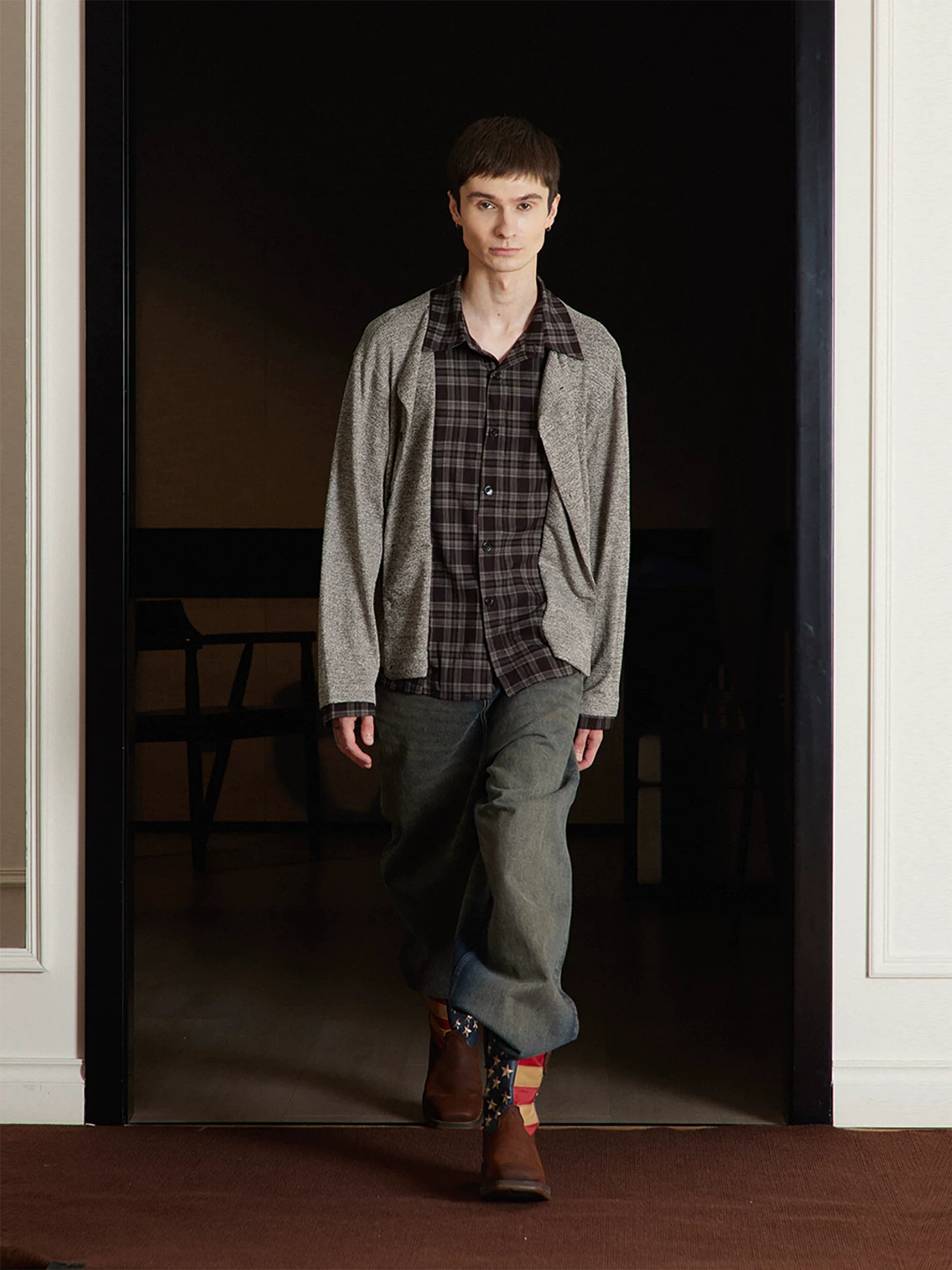 TZ Contrasting Color Layering Splicing Plaid Long-sleeved Shirt