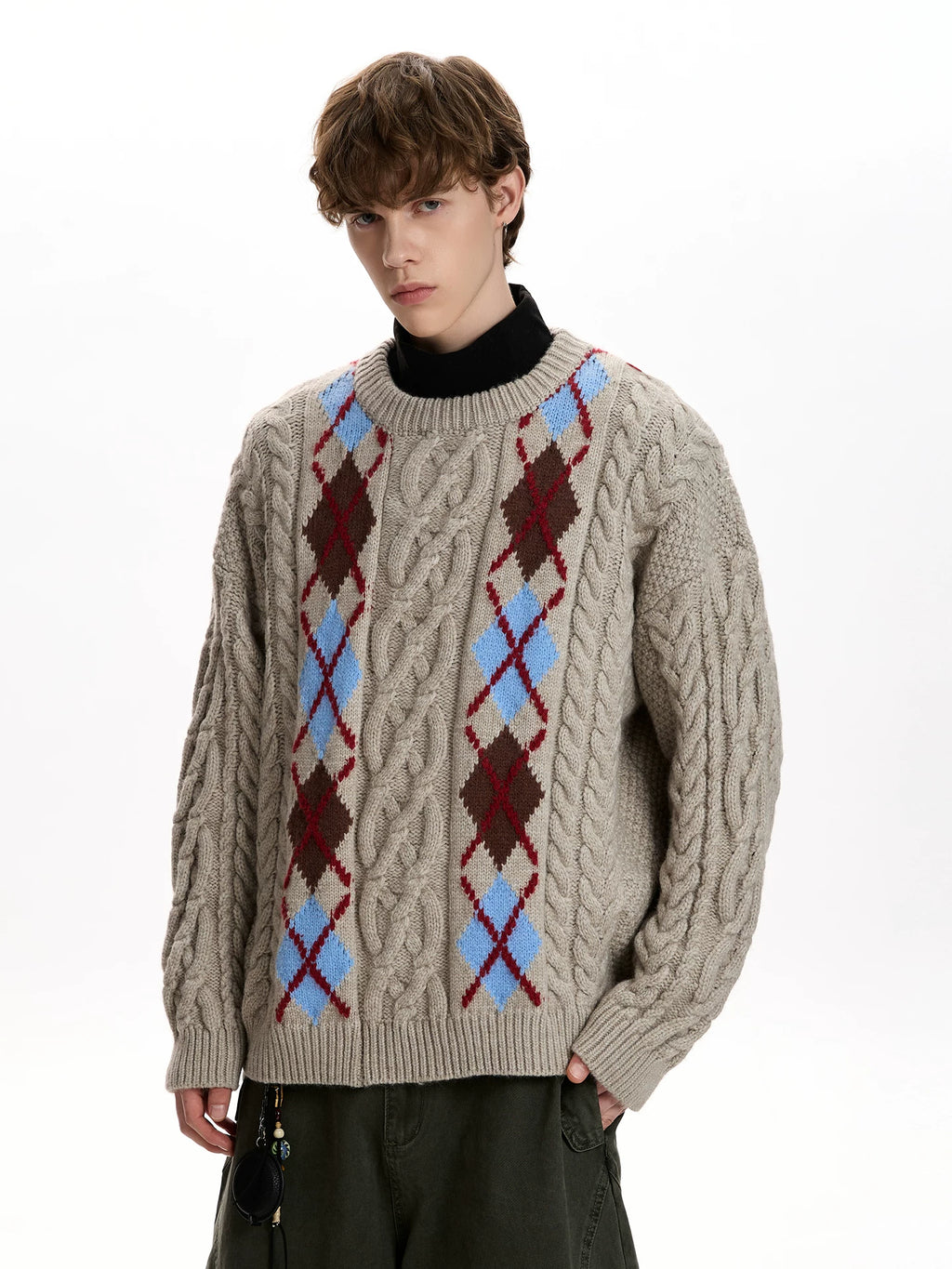 A PUEE Vintage Rhombus Checked Crew Neck Sweater