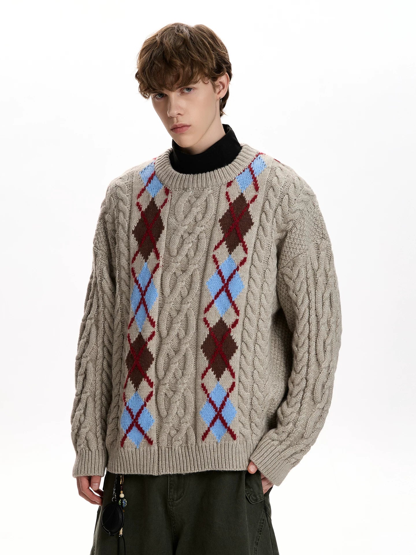 A PUEE Vintage Rhombus Checked Crew Neck Sweater