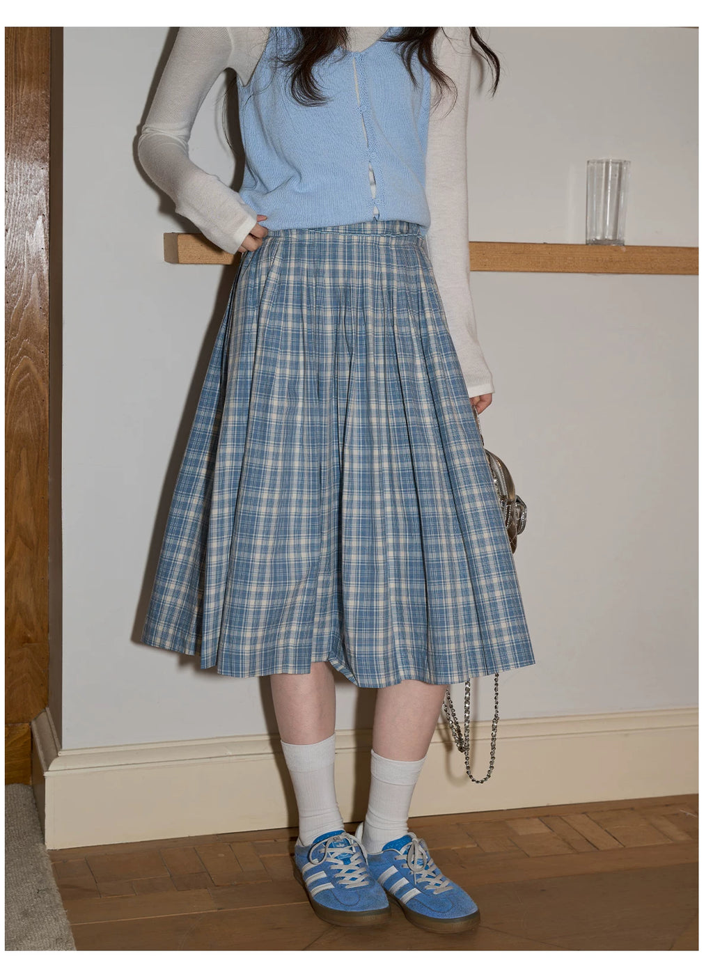 XUJING High Waist Drape Plaid Skirt