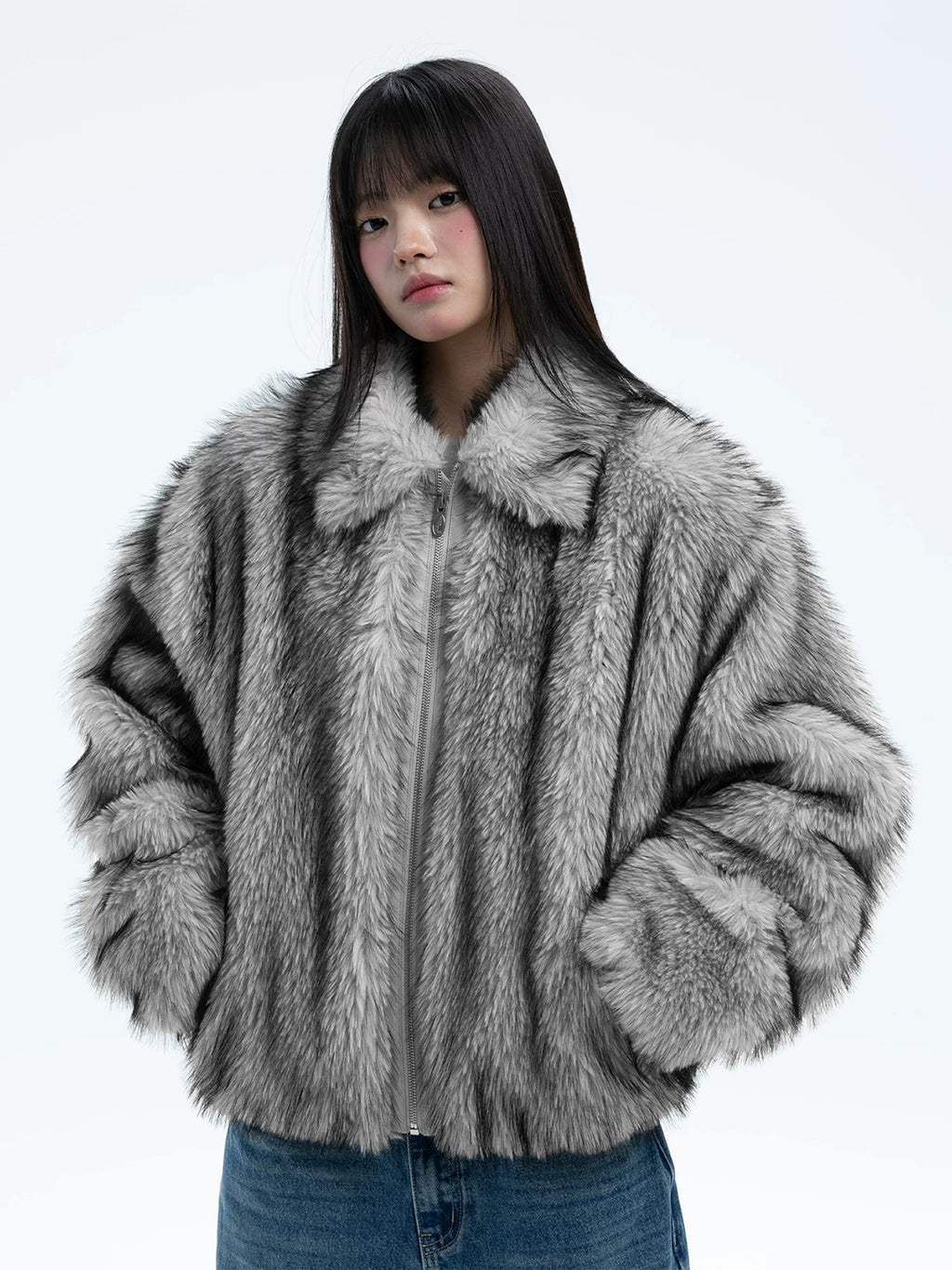 WHOOSIS Lapel-neck Plush Leather-embroidered Jacket