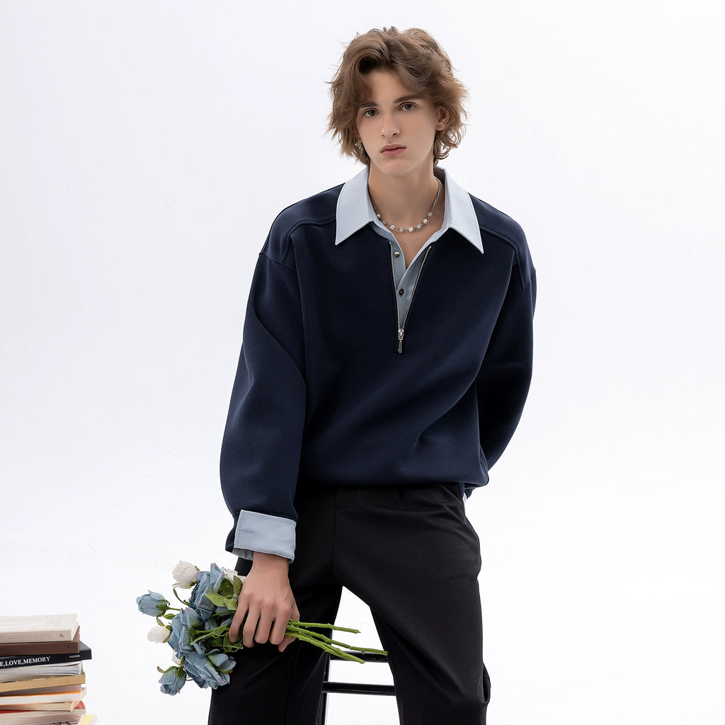 CHOR Fake Two-piece Color-matching Zipper Lapel Pullover Sweater