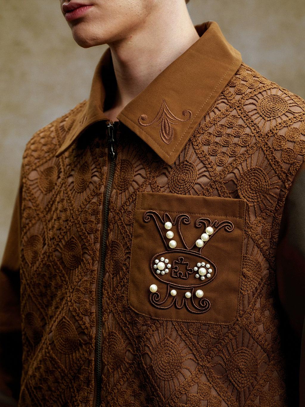 YADcrew Vintage Embroidered Zip Lace Lapel Jacket