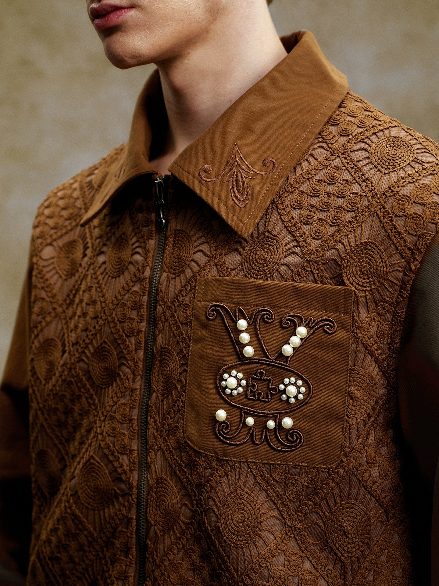 YADcrew Vintage Embroidered Zip Lace Lapel Jacket