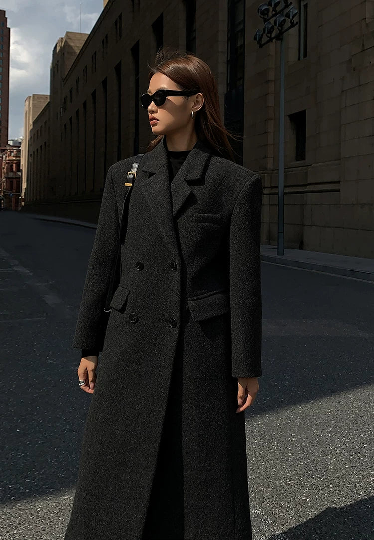 OUSPH Double-breasted Wool Woolen Coat