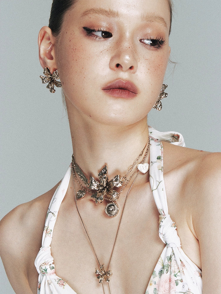 1JINN Retro Metal Three-dimensional Flower Double-layer Clavicle Chain