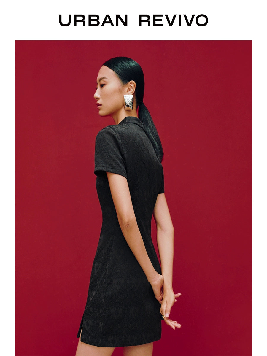 URBAN REVIVO Temperament National Style Jacquard Stand-up Collar Dress