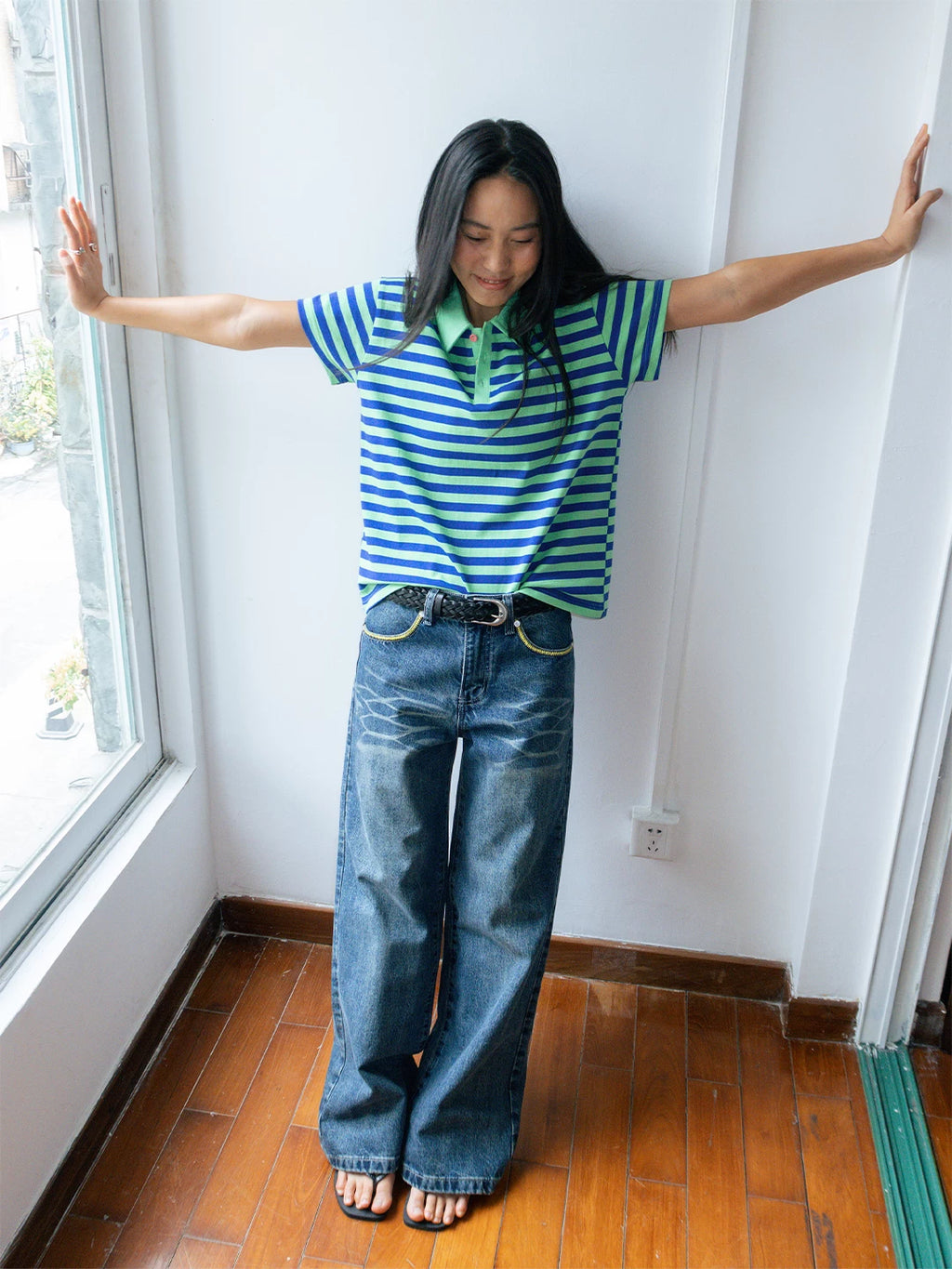 FUNKYFUN Retro Old Contrasting Embroidered Jeans