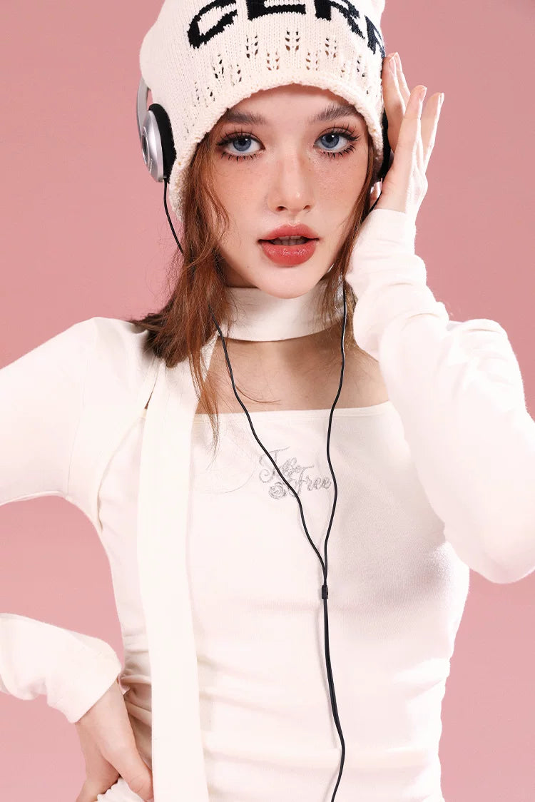 Imone Letter Embroidery Large Square Collar Base Knit