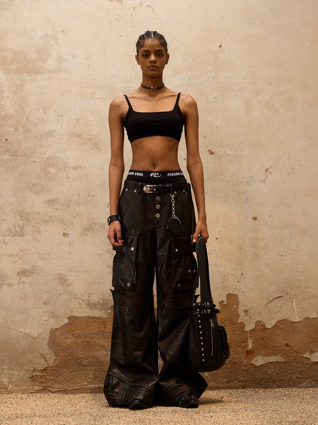 PERSONSOUL Vintage Spade Armor Structure Polished Leather Pants
