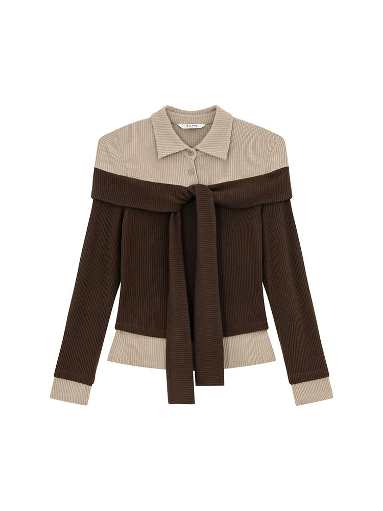 Kano Fake Two-piece Splicing Streamer Collar Knitted Long Sleeve