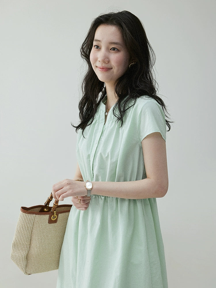 VOOE Pleated V-neck Waist Short-sleeved Dress