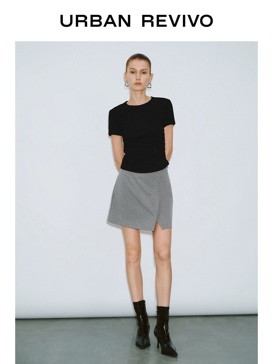 URBAN REVIVO Slim Fold Waist Round Neck Tee