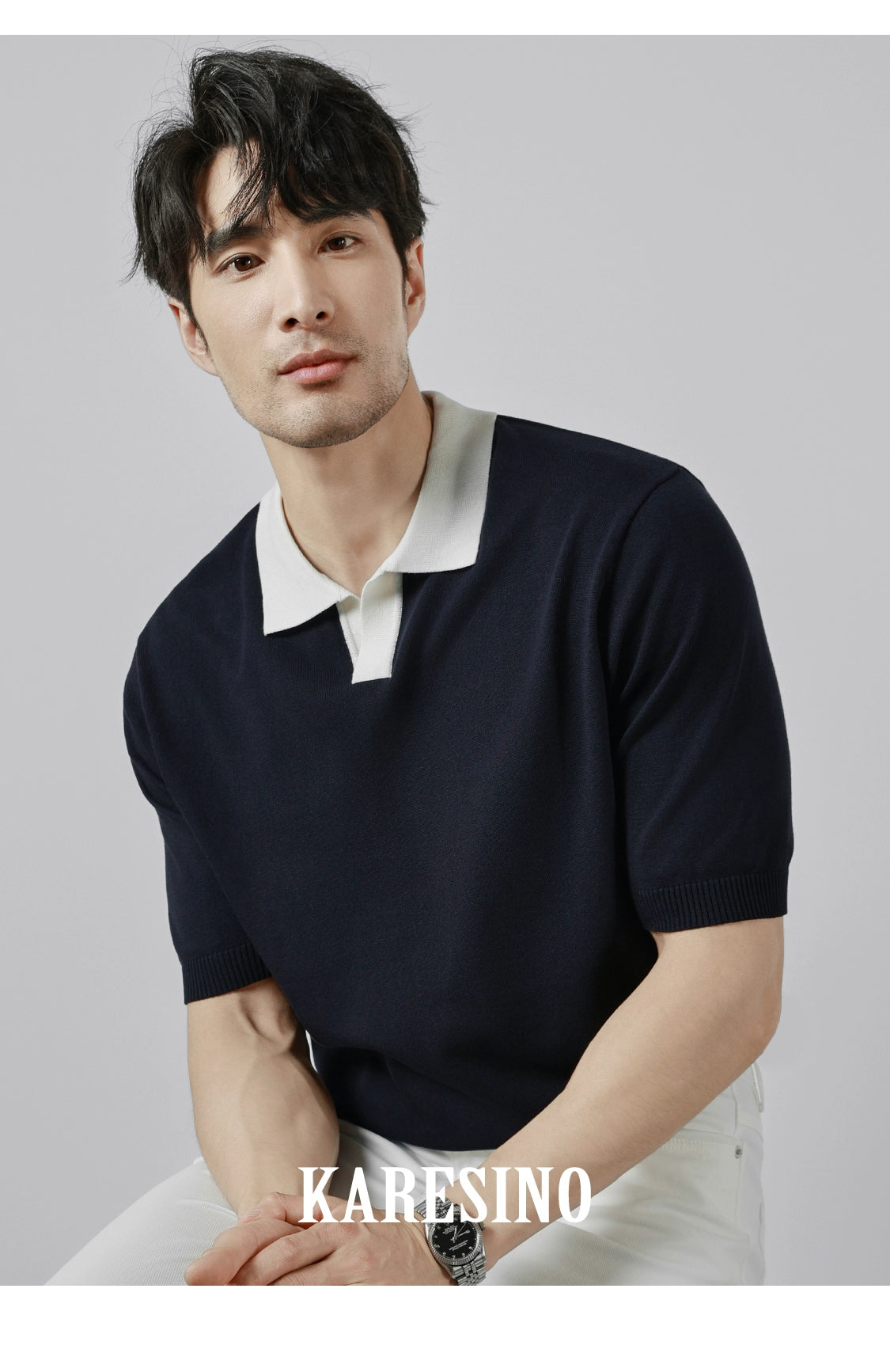 KARESINO Ice Silk Breathable Contrasting Color Splicing Knitted Sweater