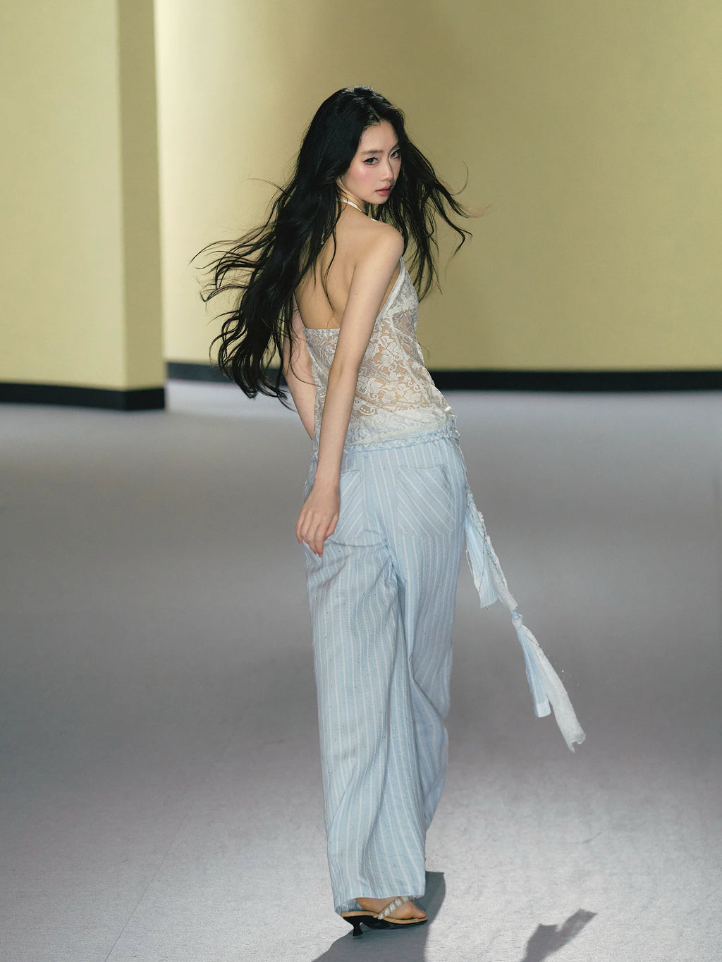 AGAM Striped Braided Drawstring Belt Slim Wide-leg Pants