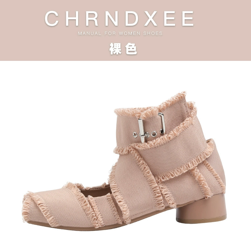 CHRNDXEE low-heeled vintage fringed cross-strap Mary Jane shoes
