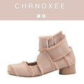 CHRNDXEE low-heeled vintage fringed cross-strap Mary Jane shoes