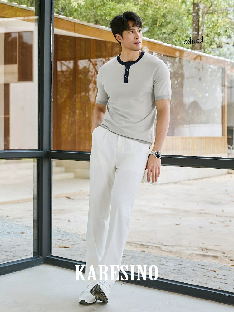 KARESINO Contrasting Color Splicing Cold Silk Cool Knitted Polo Shirt