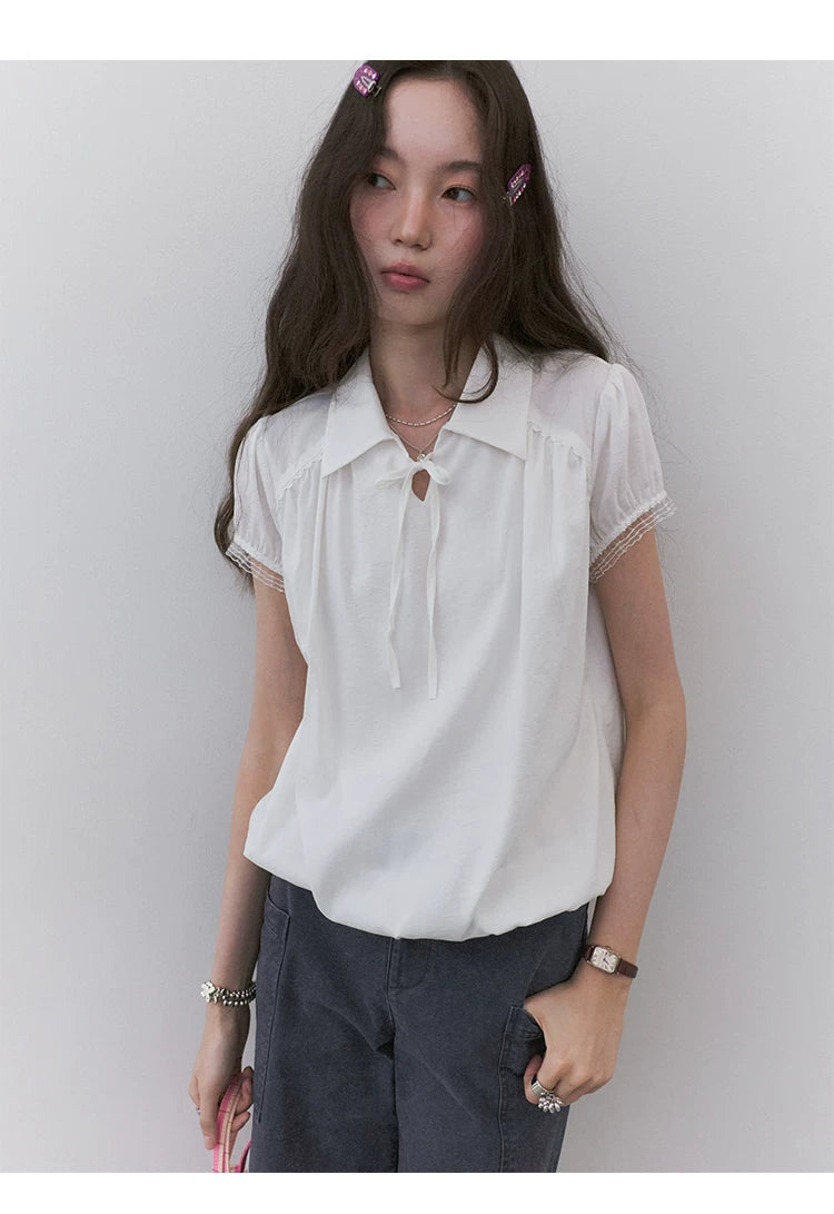 VOOE Lapel Strap Lace Shirt