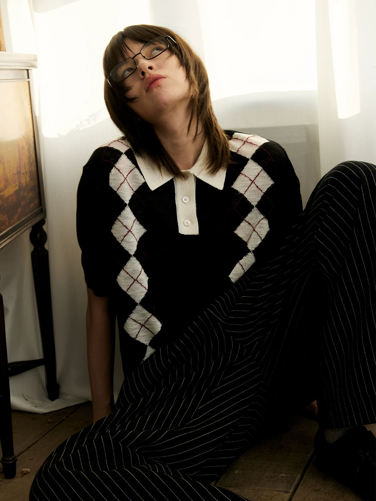 KREATE Rhombus Vertical Contrasting Casual Knitted Tee