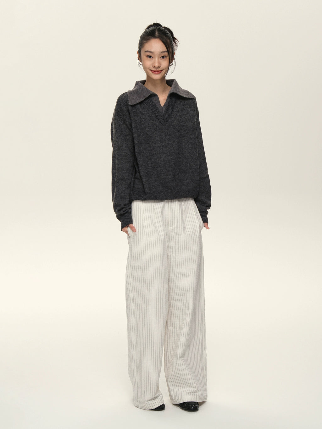 Set for Life V-neck Lapel Color Matching Thin Long-sleeved Sweater