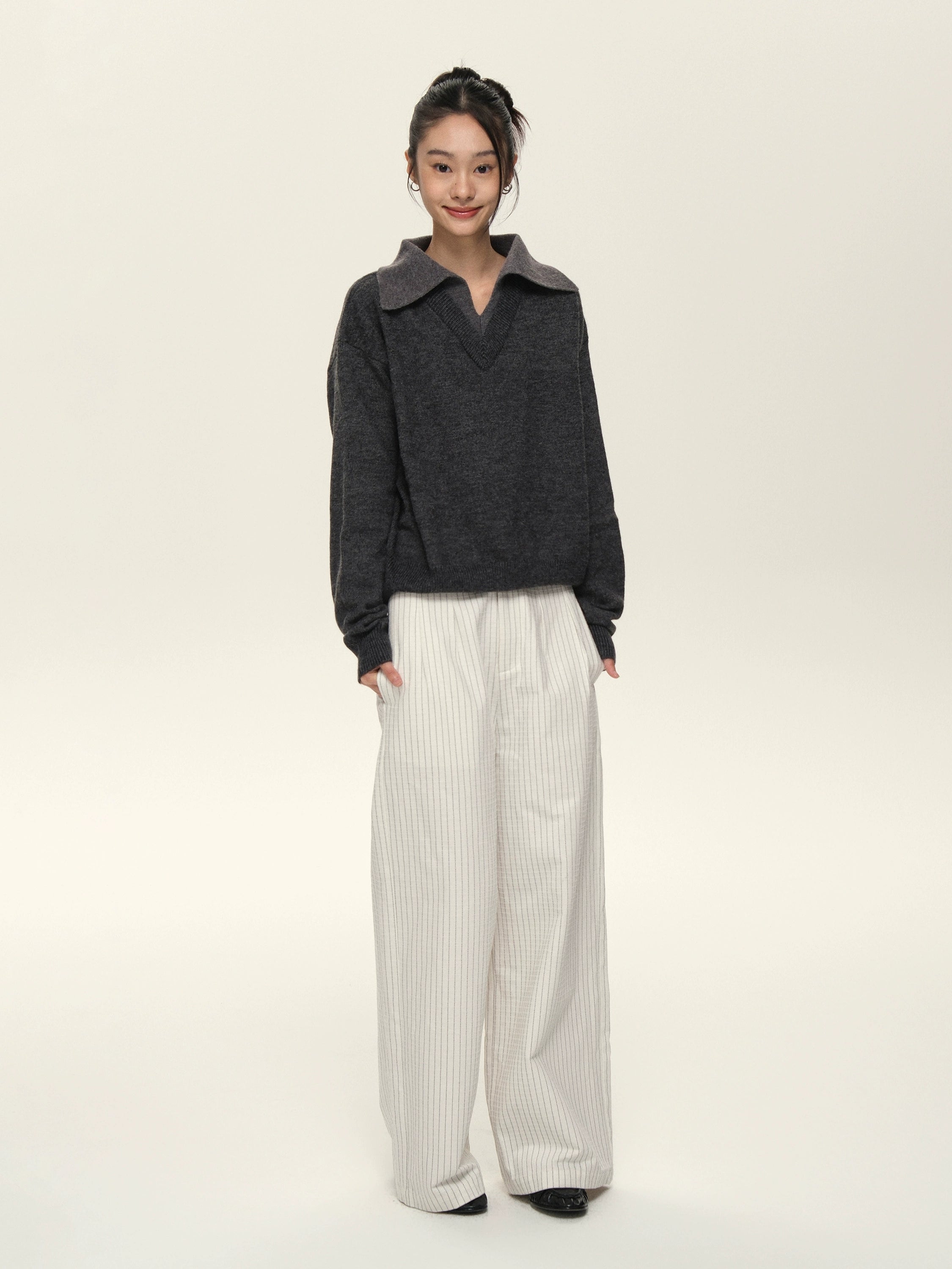 Set for Life V-neck Lapel Color Matching Thin Long-sleeved Sweater